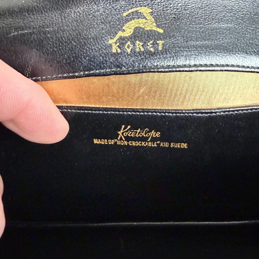 Vintage Koret Black Koretelope Kid Suede Handbag with Coin Purse Gold Hardware